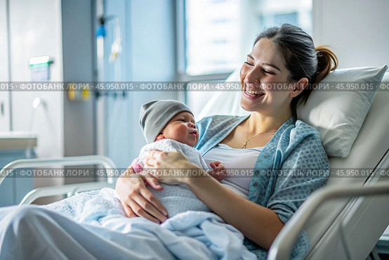 A woman in a hospital bed in the maternity ward. Mom has a newborn baby in her arms. Pregnancy and childbirth. Стоковое AI-изображение, AI-художник Photojuli / Фотобанк Лори