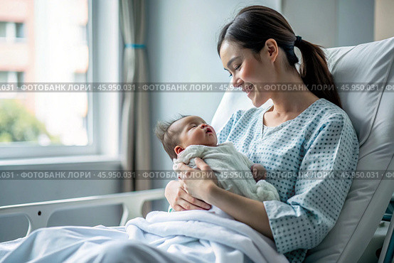 A woman in a hospital bed in the maternity ward. Mom has a newborn baby in her arms. Pregnancy and childbirth. Стоковое AI-изображение, AI-художник Photojuli / Фотобанк Лори