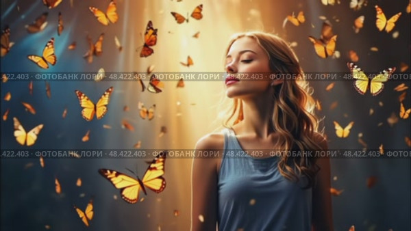 A woman in a magical misty light surrounded by butterflies in a ray of light - enjoyment of nature, beauty, feminine energy, femininity, magical radiance, unity with nature. AI generated. Стоковое AI-видео, аниматор Ольга Симонова / Фотобанк Лори