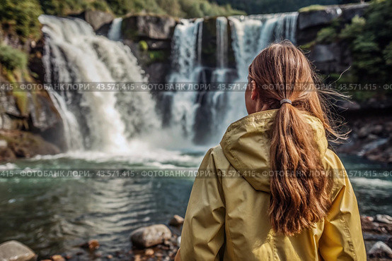 A woman in a rubber raincoat on the background of a huge blue waterfall. The girl travels and enjoys life and the environment. Tourism. Стоковое AI-изображение, AI-художник Photojuli / Фотобанк Лори