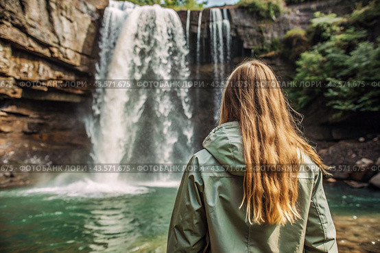 A woman in a rubber raincoat on the background of a huge blue waterfall. The girl travels and enjoys life and the environment. Tourism. Стоковое AI-изображение, AI-художник Photojuli / Фотобанк Лори