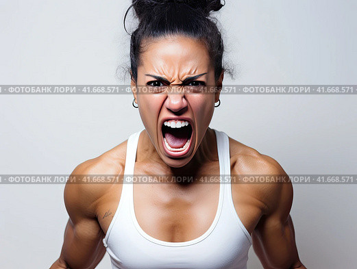 A woman in a state of extreme rage, with clenched fists and jaw, angry, emotional and furious. Generated by AI. Стоковое AI-изображение, AI-художник Ярославский Максим / Фотобанк Лори