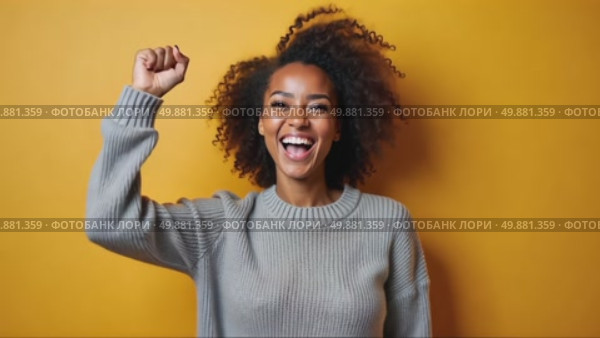 A woman in a sweater stands confidently with her right arm is raised in a fist pump, indicating triumph or celebration, young happy black girl dancing in studio. Стоковое AI-видео, аниматор Sergey Grishin / Фотобанк Лори
