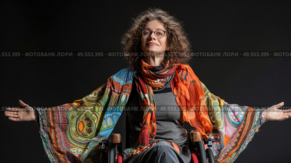 A woman in a wheelchair with her arms extended outward. Стоковое AI-изображение, AI-художник Данила Большаков / Фотобанк Лори