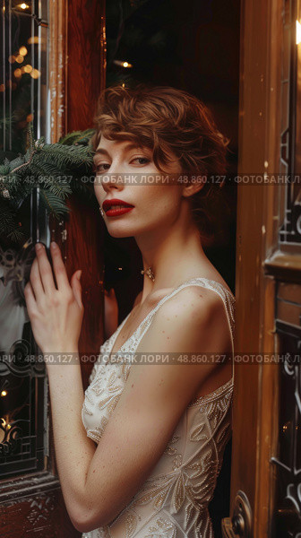 A woman in a white, beaded dress leans against a wooden doorway. She has short, wavy brown hair, bright red lipstick, and a delicate gold necklace. Стоковое AI-изображение, AI-художник Данила Большаков / Фотобанк Лори