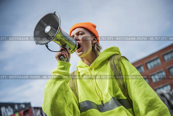 A woman in a yellow jacket is yelling into a megaphone. Стоковое AI-изображение, AI-художник Ярославский Максим / Фотобанк Лори