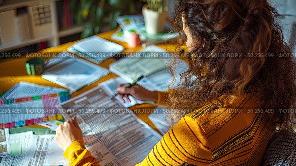 A woman is engaged in writing notes amidst a cluttered desk filled with colorful documents and highlighters during a busy evening. Стоковое AI-изображение, AI-художник Данила Большаков / Фотобанк Лори