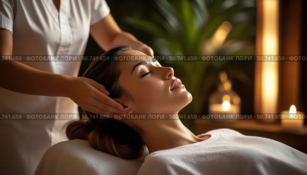 A woman is getting a massage while a woman is massaging her head. Стоковое AI-изображение, AI-художник Ярославский Максим / Фотобанк Лори