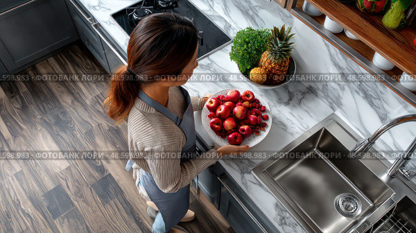 A woman is holding a plate of apples on a marble countertop. Стоковое AI-изображение, AI-художник Ярославский Максим / Фотобанк Лори
