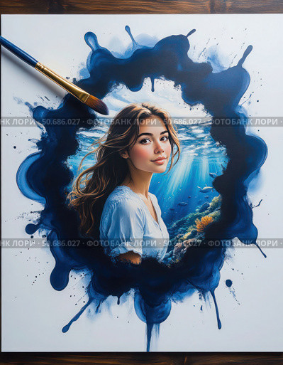 A woman is painted in blue and white on a piece of paper. Стоковое AI-изображение, AI-художник Ярославский Максим / Фотобанк Лори