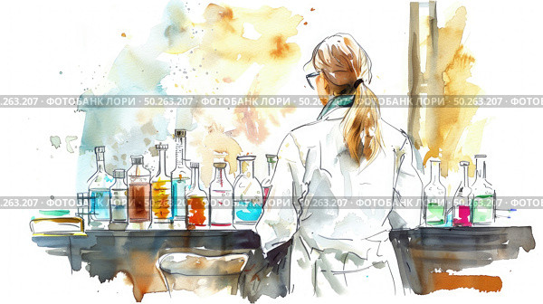 A woman is standing in front of a counter filled with various bottles. Стоковое AI-изображение, AI-художник Данила Большаков / Фотобанк Лори