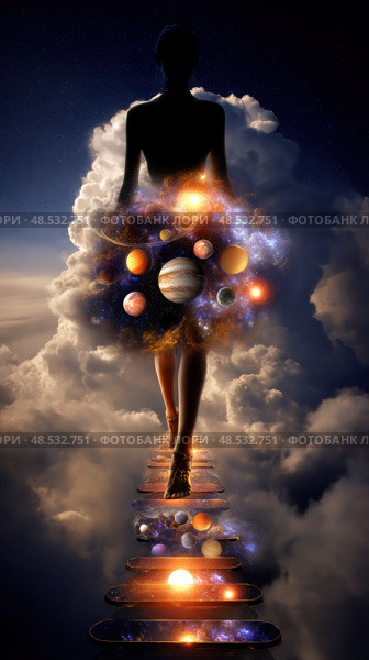 A woman is walking on a path with planets and stars surrounding her. Стоковое AI-изображение, AI-художник Ярославский Максим / Фотобанк Лори