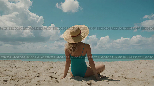 A woman on vacation, sitting in a swimsuit and a wide-brimmed straw hat on the beach on a sunny day and looking at the sea. Стоковое AI-изображение, AI-художник Photojuli / Фотобанк Лори