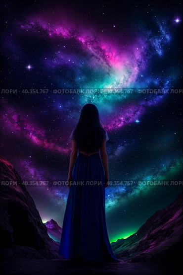 A woman peers into the colorful sky of a planet in a distant star system. Generative AI. Стоковое AI-изображение, AI-художник Mixail59 / Фотобанк Лори