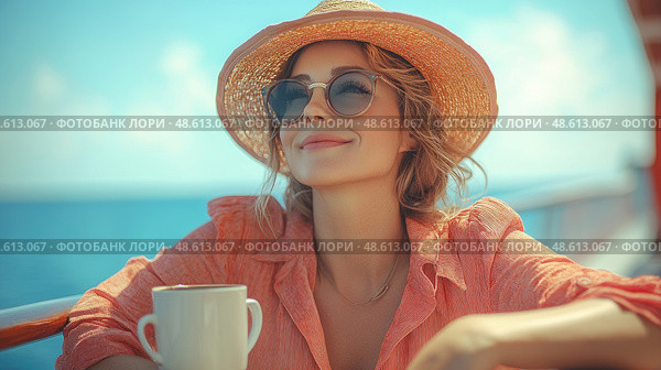 A woman relaxes with a cup of coffee on a boat, dressed in a light shirt and sunhat, basking in the warm sun and beautiful ocean views. Стоковое AI-изображение, AI-художник Данила Большаков / Фотобанк Лори