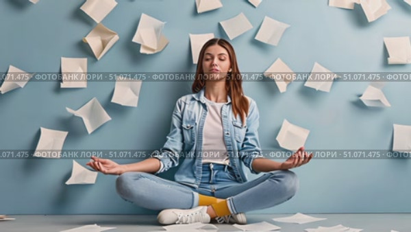 A woman sits in a blue room, meditating while papers fly around her. Стоковое AI-видео, аниматор Данила Большаков / Фотобанк Лори