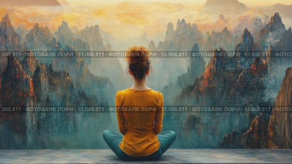A woman sits peacefully, gazing at stunning mountain peaks illuminated by the warm light of sunset, lost in thoughtful meditation. Стоковое AI-видео, аниматор Данила Большаков / Фотобанк Лори
