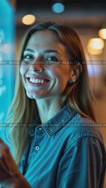 A woman smiling while interacting with a hologram, front view, bright lighting, friendly color palette with soft blues and yellows. future hi-tech interface communication concept. Стоковое AI-видео, аниматор Sergey Grishin / Фотобанк Лори