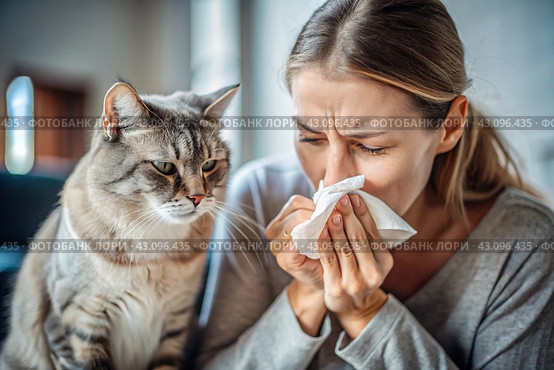 A woman sneezes into a white napkin at home. Allergies to cats and pet hair. There's a cat sitting next to me. Стоковое AI-изображение, AI-художник Photojuli / Фотобанк Лори