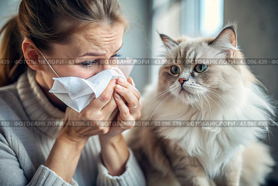 A woman sneezes into a white napkin at home. Allergies to cats and pet hair. There's a cat sitting next to me. Стоковое AI-изображение, AI-художник Photojuli / Фотобанк Лори