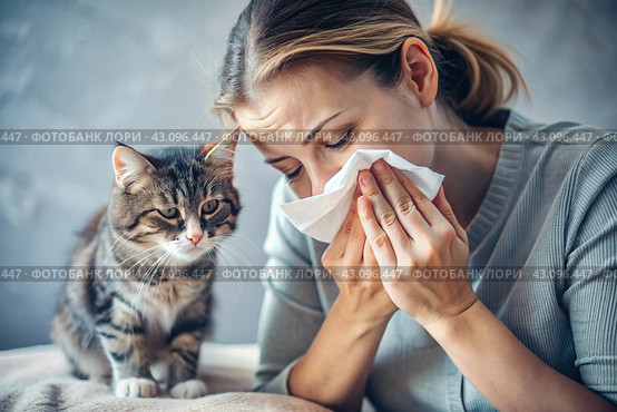 A woman sneezes into a white napkin at home. Allergies to cats and pet hair. There's a cat sitting next to me. Стоковое AI-изображение, AI-художник Photojuli / Фотобанк Лори