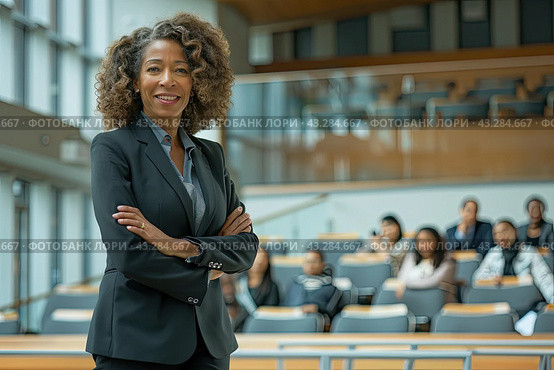 A woman standing in front of a student audience. Стоковое AI-изображение, AI-художник Ярославский Максим / Фотобанк Лори