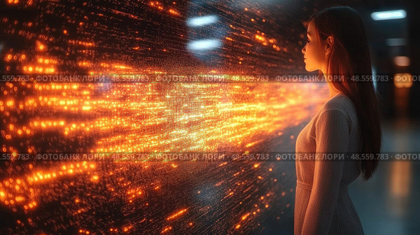 A woman stands mesmerized by a dynamic wall of glowing lights in a contemporary space at dusk. Стоковое AI-изображение, AI-художник Данила Большаков / Фотобанк Лори
