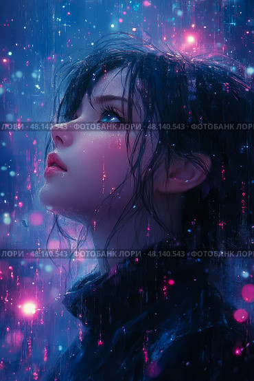 A woman stands with her head tilted upwards, gazing at colorful raindrops that sparkle around her in a nighttime environment. Стоковое AI-изображение, AI-художник Данила Большаков / Фотобанк Лори
