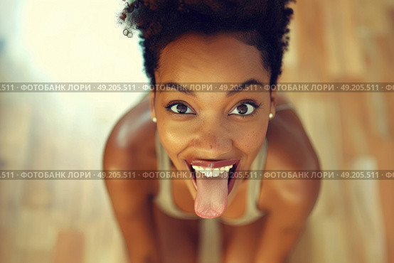 A woman sticks out her tongue in a humorous expression, creating a funny face. Стоковое AI-изображение, AI-художник Данила Большаков / Фотобанк Лори