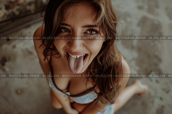 A woman sticks out her tongue in a humorous expression, with a playful and silly demeanor. Стоковое AI-изображение, AI-художник Данила Большаков / Фотобанк Лори
