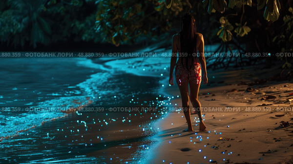 A woman walks along a sandy beach at night, the waves gently lapping at her feet. The water is filled with glowing bioluminescent algae, creating a magical effect. Стоковое AI-изображение, AI-художник Данила Большаков / Фотобанк Лори