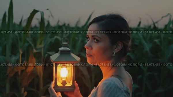 A woman walks through a cornfield at dusk, holding a lantern. Стоковое AI-видео, аниматор Данила Большаков / Фотобанк Лори