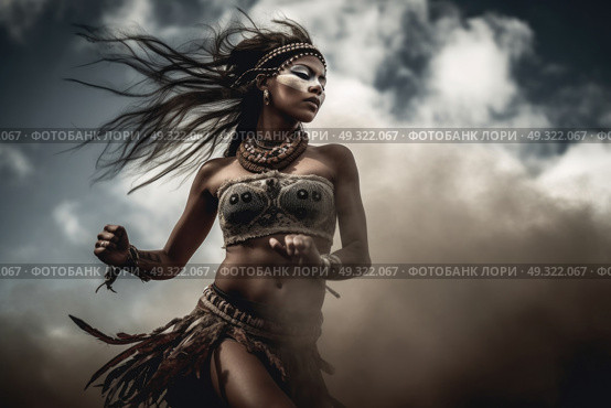 A woman wearing a costume is gracefully dancing in mid-air, showcasing agility and elegance. Стоковое AI-изображение, AI-художник Данила Большаков / Фотобанк Лори