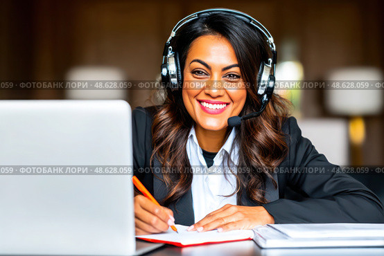 A woman wearing a headset and smiling while writing on a laptop. Стоковое AI-изображение, AI-художник Ярославский Максим / Фотобанк Лори