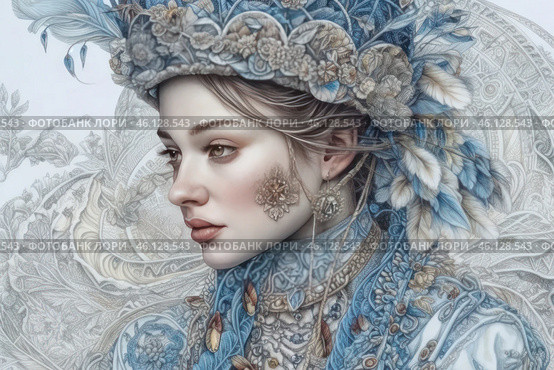 A woman wearing an elaborate headdress and clothing decorated with intricate patterns, flowers and feathers. Her gaze is calm and focused, and her face is framed by delicate jewelry. The color scheme is mostly cool, with shades of blue, white and silver predominating, which gives the image an airy and light feel. The background is decorated with detailed patterns reminiscent of traditional ornaments, which gives the image the effect of an old engraving. The painting reflects a combination of traditional aesthetics and a fantasy artistic style. Стоковое AI-изображение, AI-художник Анна Кривицкая / Фотобанк Лори