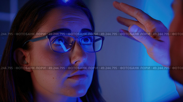 A woman wearing glasses is attentively looking at a bright blue light. Стоковое AI-изображение, AI-художник Данила Большаков / Фотобанк Лори
