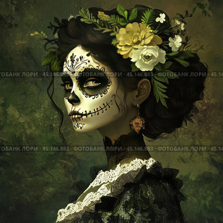 A woman with a face painted in the style of "Catherine" for the holiday "Día de los Muertos". Her face is decorated with black and white patterns stylized as a skull, with an emphasis on the eyes and mouth, which is made in the form of skeletal teeth. On her head is a wreath of white and yellow flowers, which completes the image, emphasizing the symbolism of life and death. She is dressed in a vintage dress with lace, and her hair is high, with graceful curls. On her ears hang gold earrings, which add elegance to the image. The background is done in green and brown tones, which emphasizes the naturalness and connection with nature. Стоковое AI-изображение, AI-художник Анна Кривицкая / Фотобанк Лори