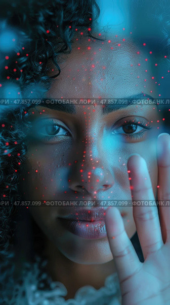 A woman with curly hair presses her hand against a luminous surface, mesmerized by colorful light patterns reflecting around her. Стоковое AI-изображение, AI-художник Данила Большаков / Фотобанк Лори