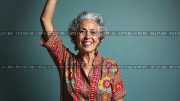 A woman with gray hair, dressed in vibrant, patterned clothing, standing confidently with her arm raised, soft lighting studio background. Стоковое AI-видео, аниматор Sergey Grishin / Фотобанк Лори