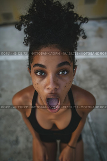 A woman with her mouth wide open, making a comical and silly expression. Стоковое AI-изображение, AI-художник Данила Большаков / Фотобанк Лори