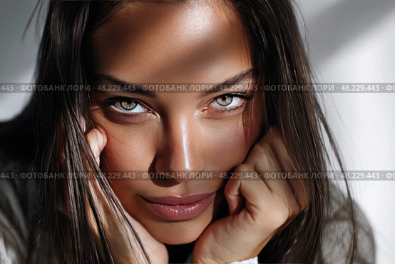 A woman with long brown hair and green eyes is looking at the camera. Стоковое AI-изображение, AI-художник Ярославский Максим / Фотобанк Лори
