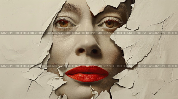 A womans face is visible through a hole in a wall, looking directly at the viewer. Стоковое AI-изображение, AI-художник Данила Большаков / Фотобанк Лори