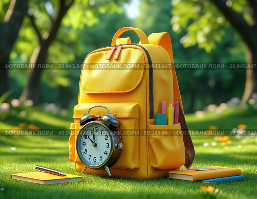 A yellow backpack with a clock on it sits on a grassy field. Стоковое AI-изображение, AI-художник Ярославский Максим / Фотобанк Лори