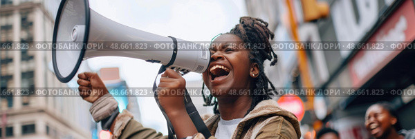 A young activist rallies the crowd, energetically using a megaphone to advocate for change in a lively urban environment. Стоковое AI-изображение, AI-художник Данила Большаков / Фотобанк Лори