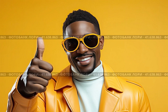 A young African-American man smiles broadly and gives the camera a thumbs-up. Generated by AI. Стоковое AI-изображение, AI-художник Ярославский Максим / Фотобанк Лори