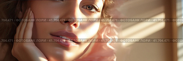 A young and very beautiful girl with curly hair feels her face after peeling and smiles. Generated by AI. Стоковое AI-изображение, AI-художник Ярославский Максим / Фотобанк Лори