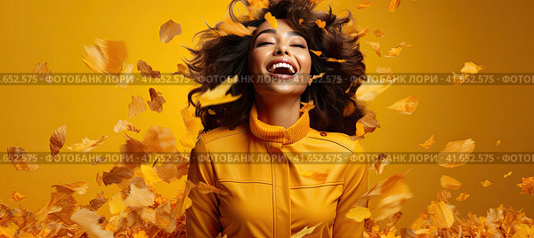 A young beautiful girl is laughing with her mouth wide open against the background of autumn leaves. Generated by AI. Стоковое AI-изображение, AI-художник Ярославский Максим / Фотобанк Лори