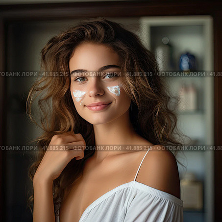 A young beautiful girl with gorgeous hair in a light T-shirt looks at the camera and smiles. Generated by And. Стоковое AI-изображение, AI-художник Ярославский Максим / Фотобанк Лори