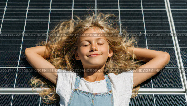 A young blonde girl is laying on a black solar panel. Стоковое AI-изображение, AI-художник Ярославский Максим / Фотобанк Лори