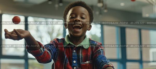 A young boy playing happily in a park, bouncing a bright red ball. Стоковое AI-изображение, AI-художник Данила Большаков / Фотобанк Лори